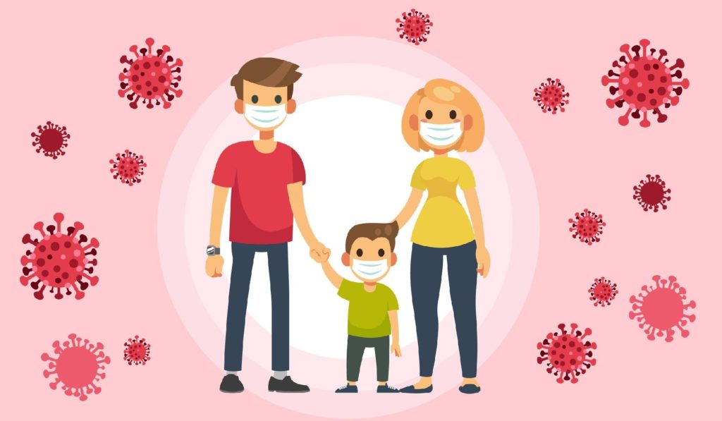 família de máscara e vírus em volta